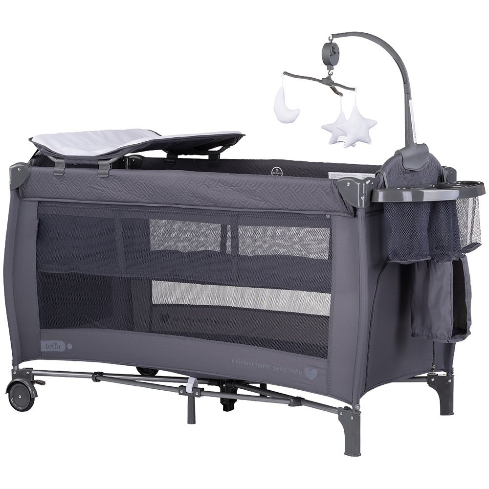 CHIPOLINO Patut pliabil Bella Anthracite cu doua nivele intrare laterala cu fermoar 2 roti cu frane saltea de infasat carusel muzical geanta pentru transport buzunar si organizator accesorii