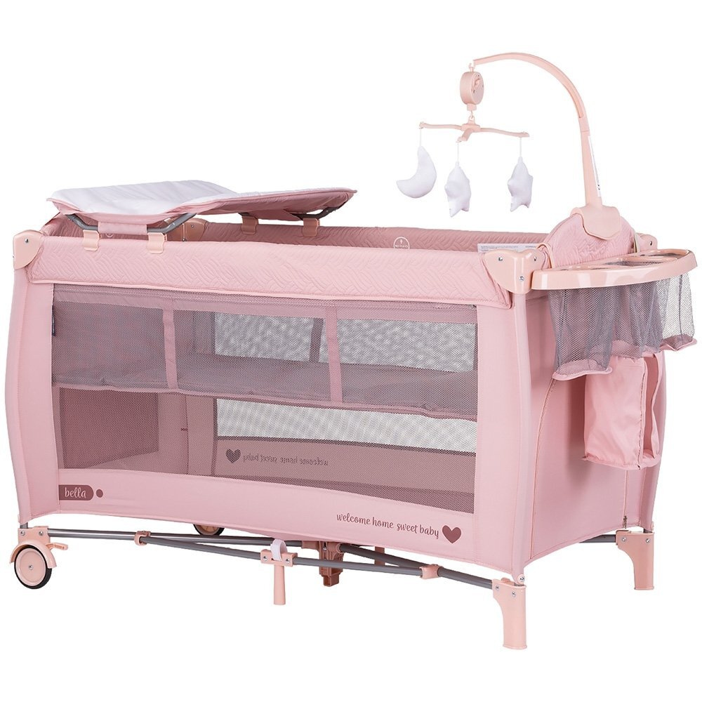CHIPOLINO Patut pliabil Bella Pink Marshmallow cu doua nivele intrare laterala cu fermoar 2 roti cu frane saltea de infasat carusel muzical geanta pentru transport buzunar si organizator accesorii