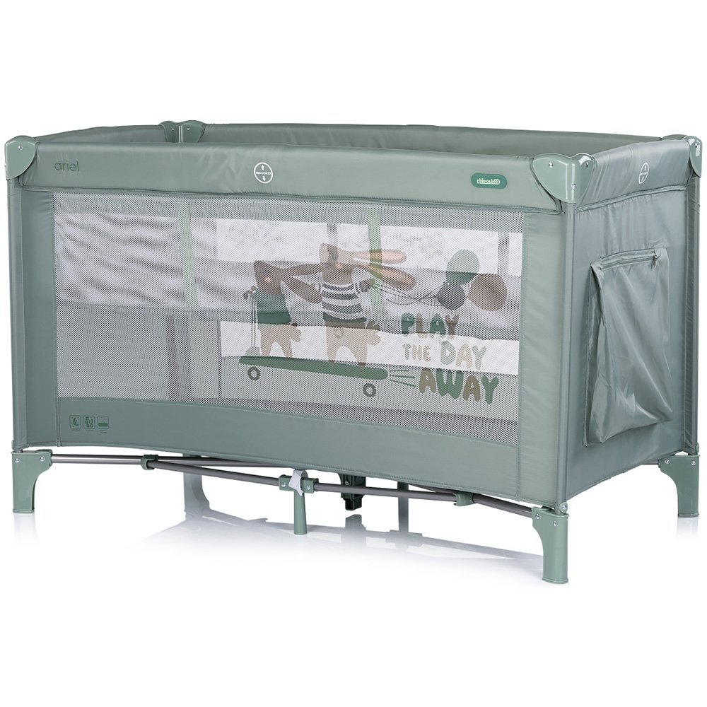 CHIPOLINO Patut pliabil pentru copii Ariel Matcha 120x60 cm doua nivele intrare laterala cu fermoar geanta pentru transport