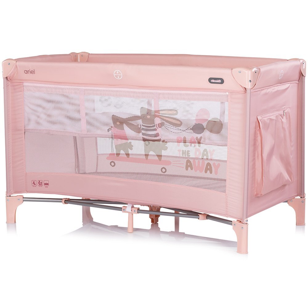 CHIPOLINO Patut pliabil pentru copii Ariel Powder Pink 120x60 cm doua nivele intrare laterala cu fermoar geanta pentru transport