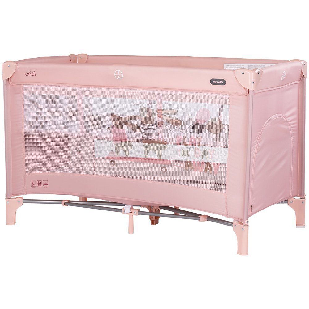 CHIPOLINO Patut pliabil pentru copii Ariel Powder Pink 120x60 cm doua nivele intrare laterala cu fermoar geanta pentru transport