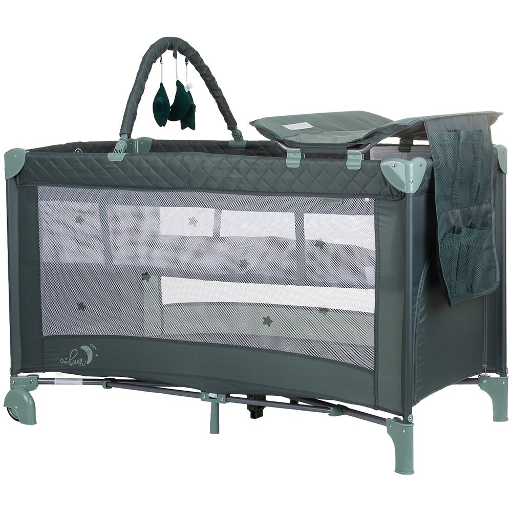 CHIPOLINO Patut pliabil pentru copii Luna Pastel Green cu 2 nivele saltea de infasat usita cu fermoar geanta de transport inclusa