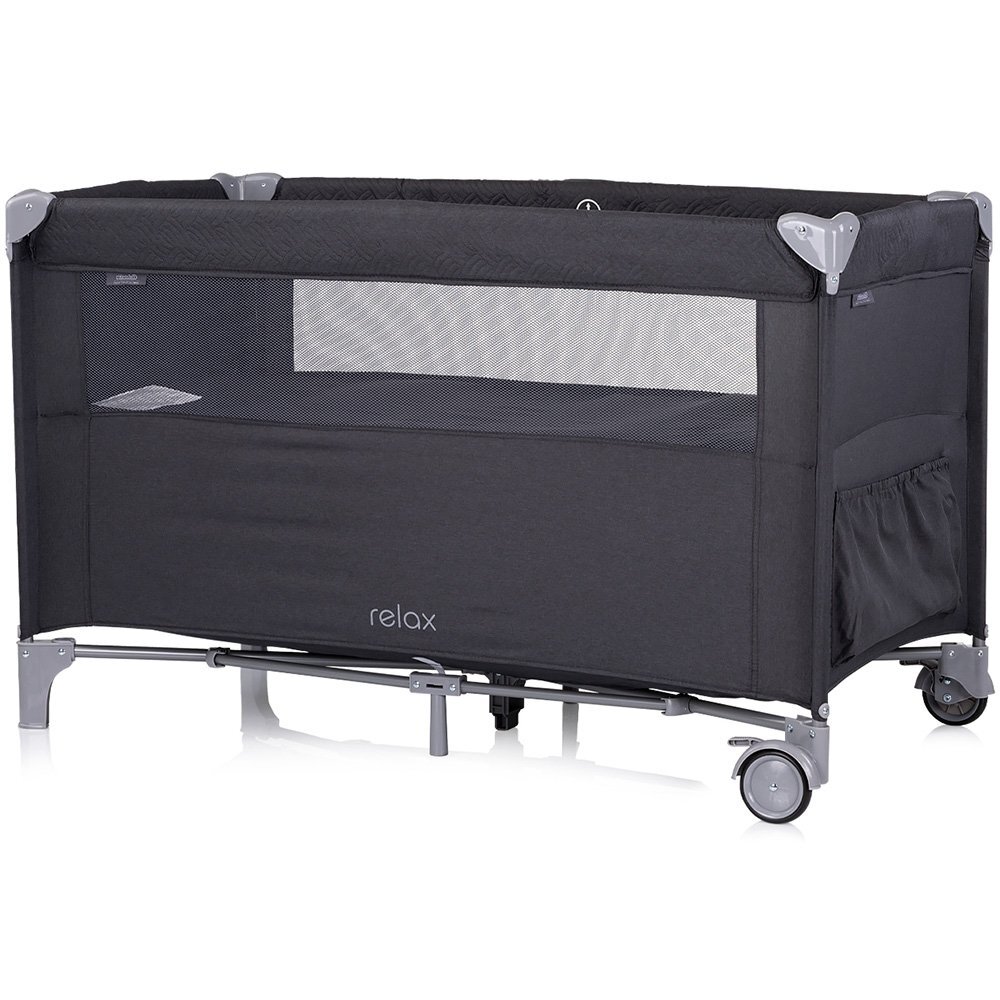 CHIPOLINO Patut pliabil Relax Anthracite Linen cu laterala culisanta intrare laterala cu fermoar geanta pentru transport greutate admisa 15 kg
