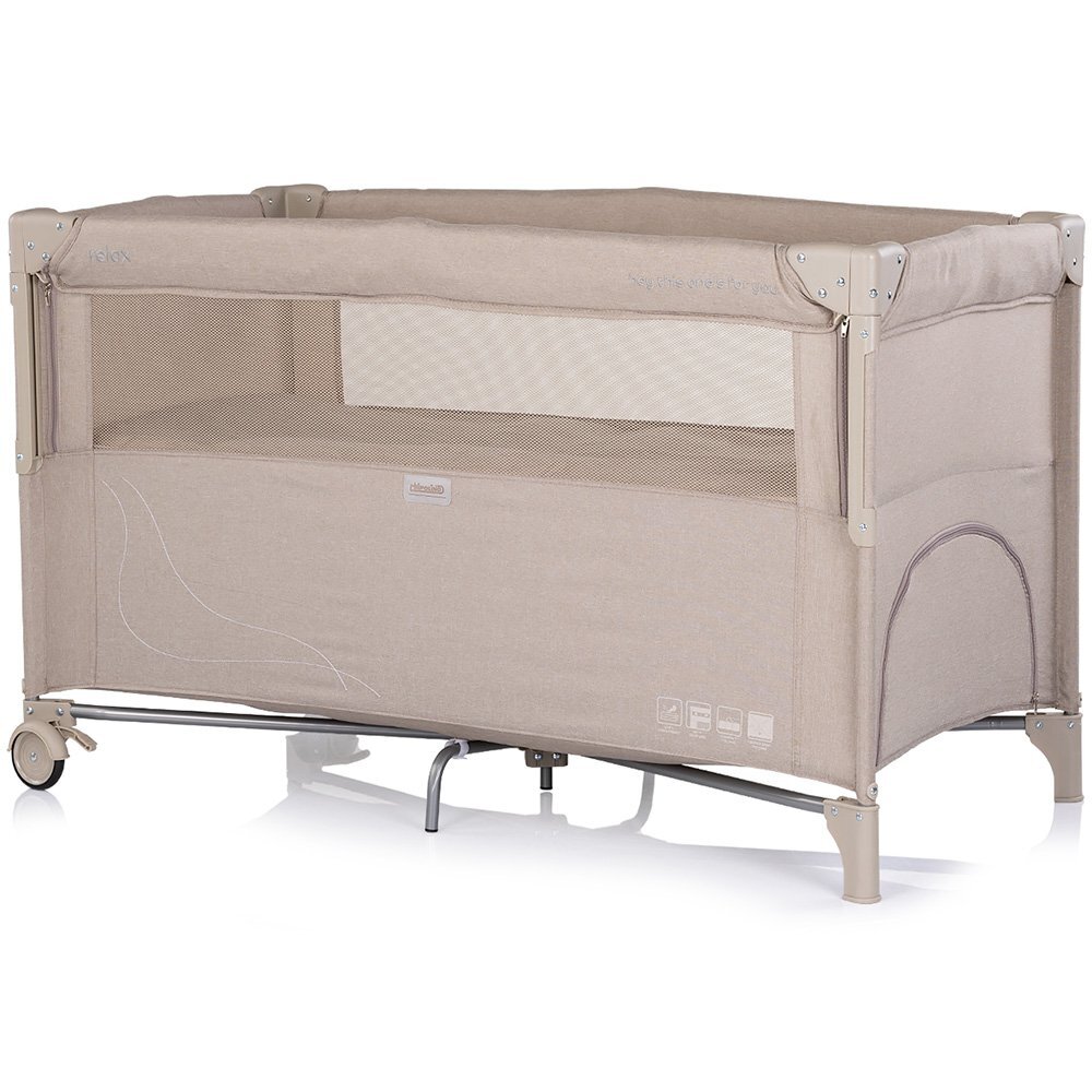 CHIPOLINO Patut pliabil Relax Latte Linen cu laterala culisanta 2 nivele intrare laterala geanta pentru transport greutate admisa 15 kg