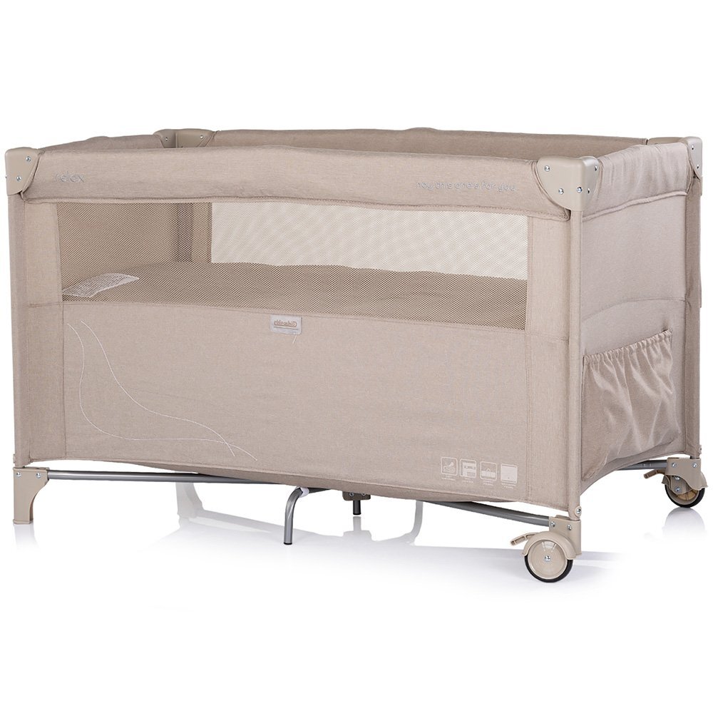 CHIPOLINO Patut pliabil Relax Latte Linen cu laterala culisanta 2 nivele intrare laterala geanta pentru transport greutate admisa 15 kg