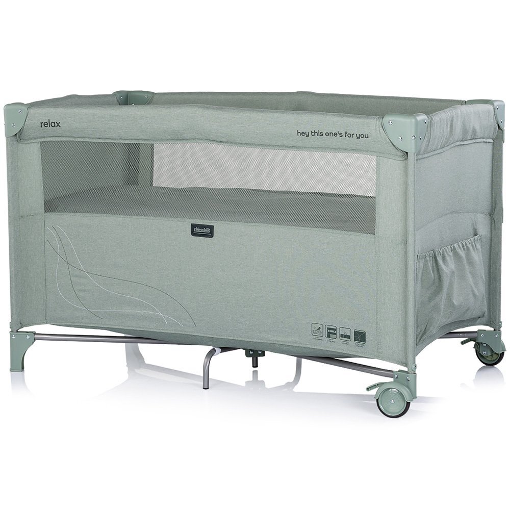 CHIPOLINO Patut pliabil Relax Matcha Linen cu laterala culisanta 2 nivele intrare laterala geanta pentru transport greutate admisa 15 kg