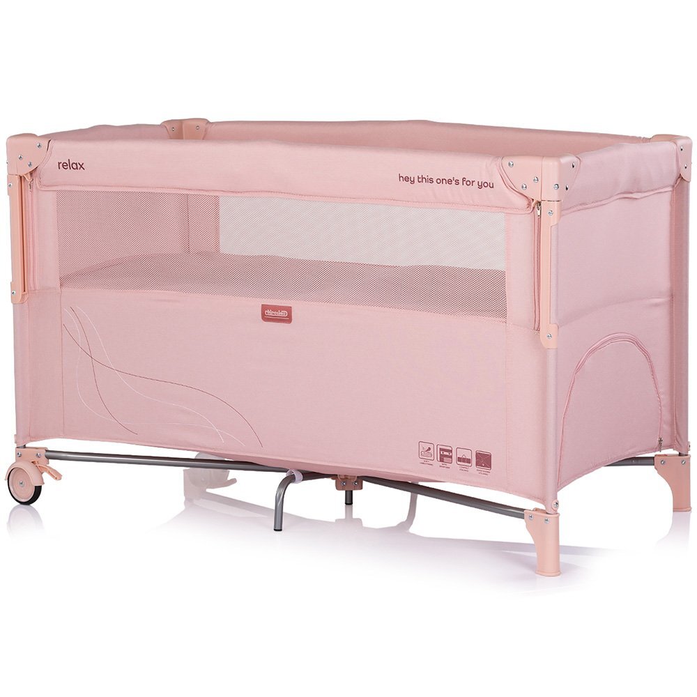 CHIPOLINO Patut pliabil Relax Powder Pink Linen cu laterala culisanta 2 nivele intrare laterala geanta pentru transport greutate admisa 15 kg