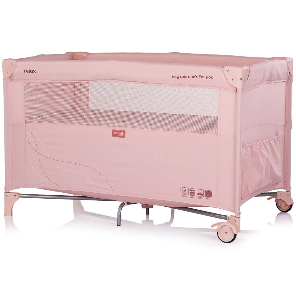 CHIPOLINO Patut pliabil Relax Powder Pink Linen cu laterala culisanta 2 nivele intrare laterala geanta pentru transport greutate admisa 15 kg
