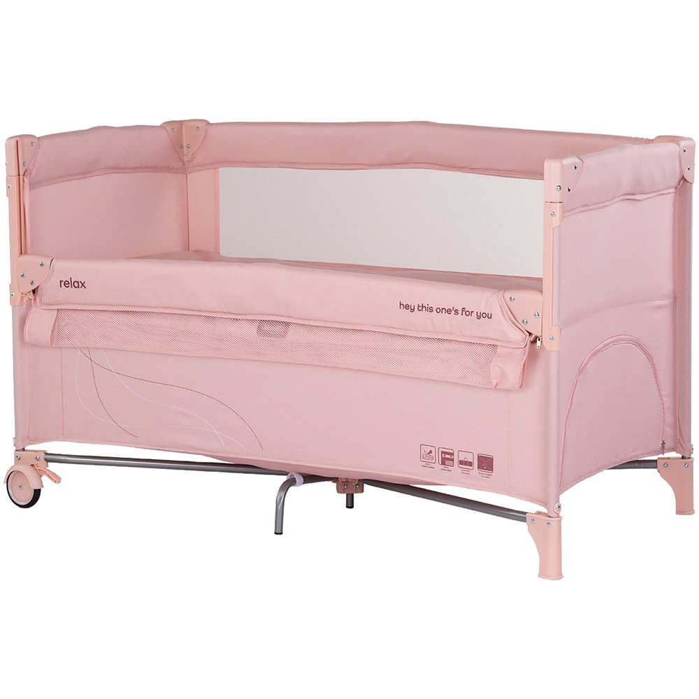CHIPOLINO Patut pliabil Relax Powder Pink Linen cu laterala culisanta 2 nivele intrare laterala geanta pentru transport greutate admisa 15 kg
