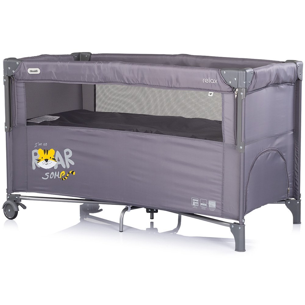 CHIPOLINO Patut pliabil Relax Tiger Charcoal cu laterala culisanta 2 nivele intrare laterala geanta pentru transport greutate admisa 15 kg