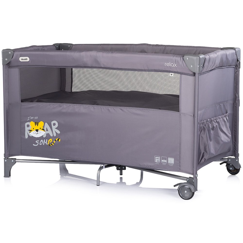 CHIPOLINO Patut pliabil Relax Tiger Charcoal cu laterala culisanta 2 nivele intrare laterala geanta pentru transport greutate admisa 15 kg