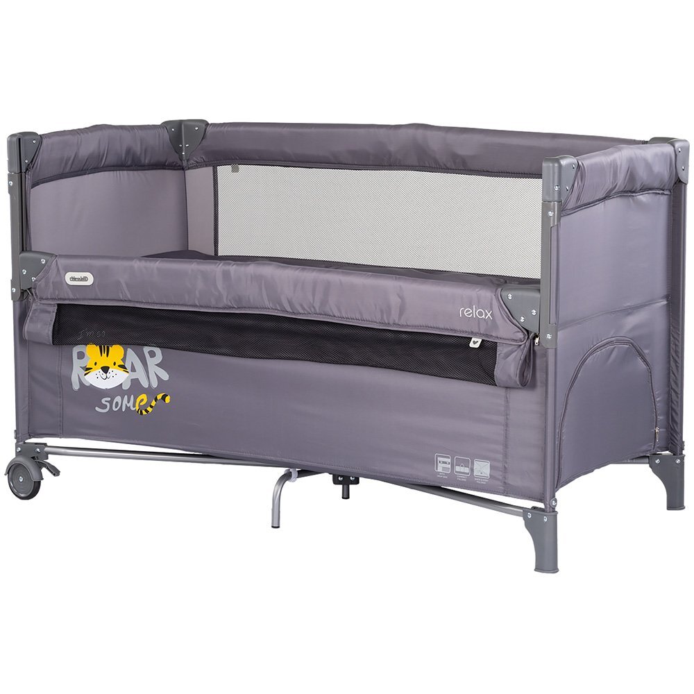 CHIPOLINO Patut pliabil Relax Tiger Charcoal cu laterala culisanta 2 nivele intrare laterala geanta pentru transport greutate admisa 15 kg
