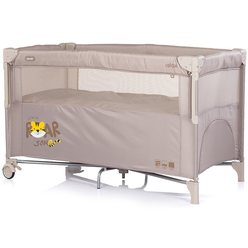 CHIPOLINO Patut pliabil Relax Tiger Latte cu laterala culisanta 2 nivele intrare laterala geanta pentru transport greutate admisa 15 kg