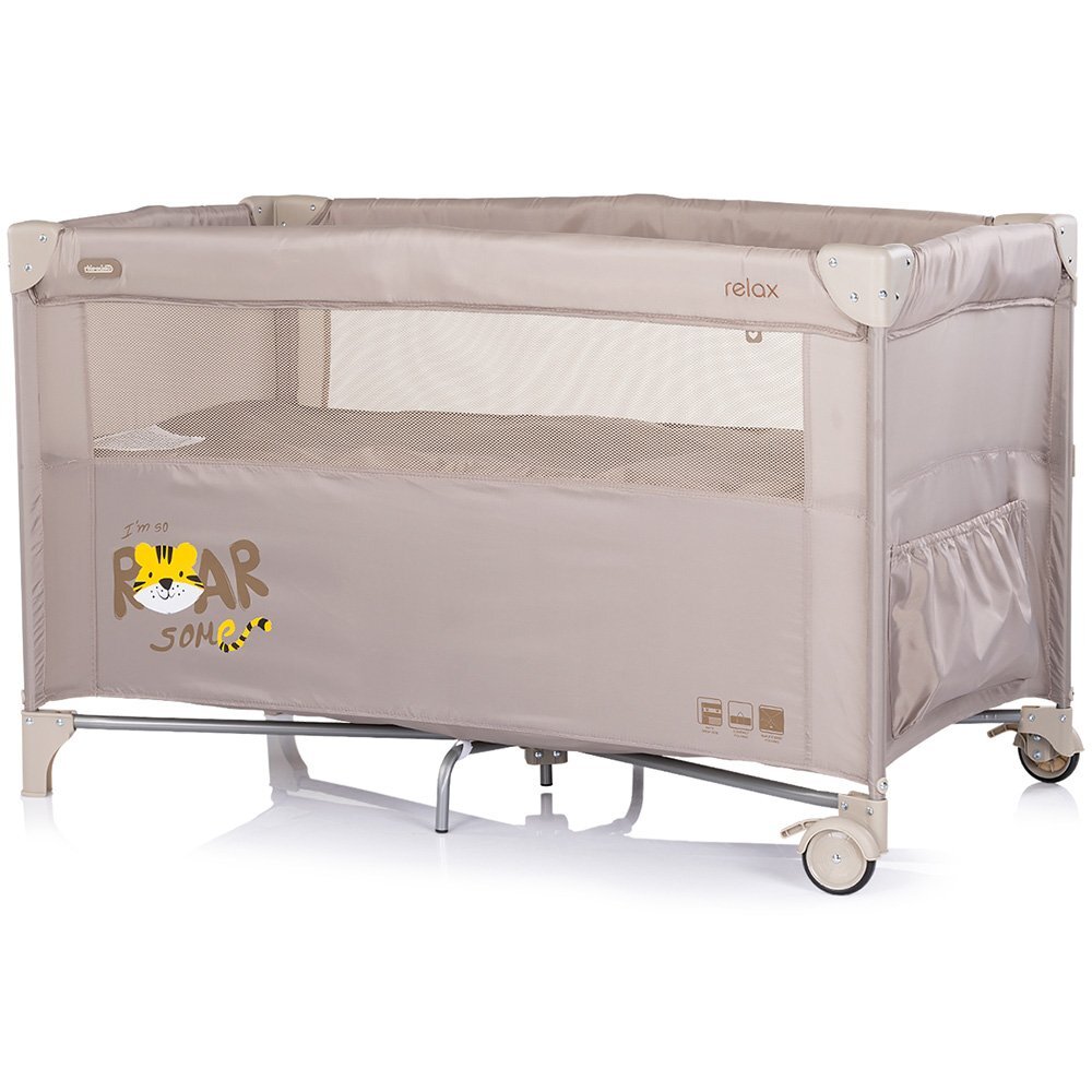 CHIPOLINO Patut pliabil Relax Tiger Latte cu laterala culisanta 2 nivele intrare laterala geanta pentru transport greutate admisa 15 kg
