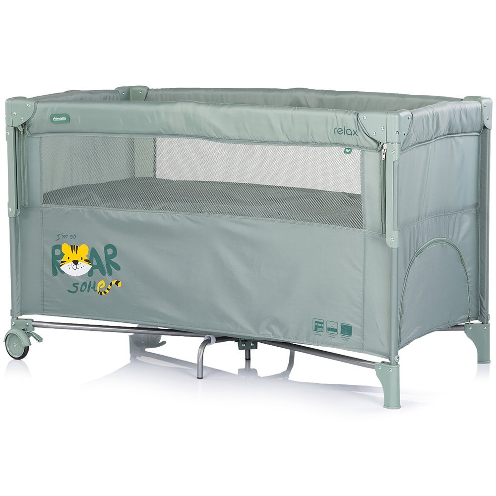 CHIPOLINO Patut pliabil Relax Tiger Matcha cu laterala culisanta 2 nivele intrare laterala geanta pentru transport greutate admisa 15 kg