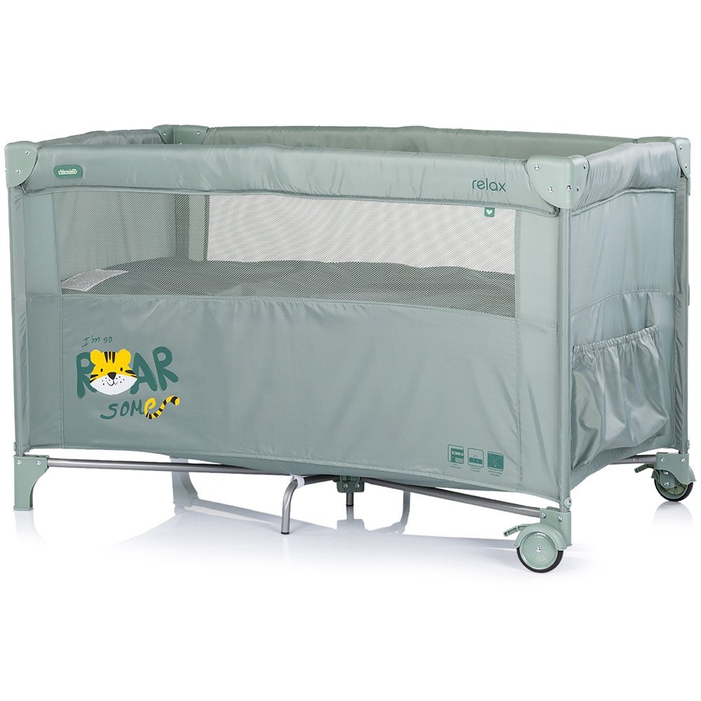 CHIPOLINO Patut pliabil Relax Tiger Matcha cu laterala culisanta 2 nivele intrare laterala geanta pentru transport greutate admisa 15 kg