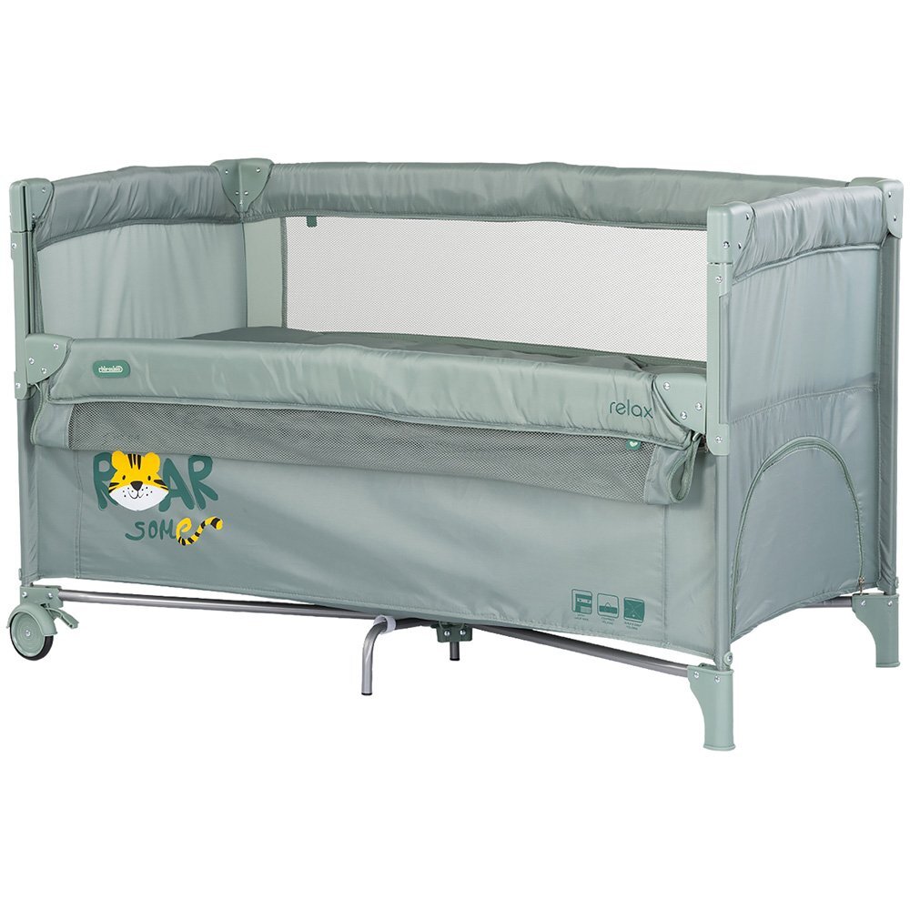 CHIPOLINO Patut pliabil Relax Tiger Matcha cu laterala culisanta 2 nivele intrare laterala geanta pentru transport greutate admisa 15 kg