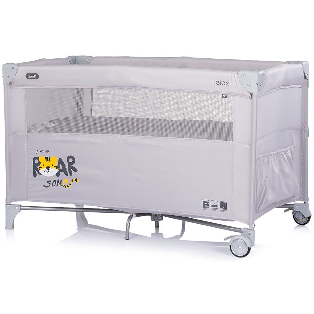 CHIPOLINO Patut pliabil Relax Tiger Platinum cu laterala culisanta 2 nivele intrare laterala geanta pentru transport greutate admisa 15 kg