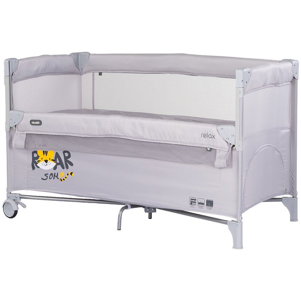 CHIPOLINO Patut pliabil Relax Tiger Platinum cu laterala culisanta 2 nivele intrare laterala geanta pentru transport greutate admisa 15 kg