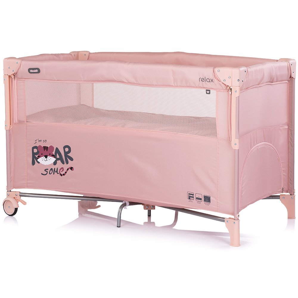 CHIPOLINO Patut pliabil Relax Tiger Powder Pink cu laterala culisanta 2 nivele intrare laterala geanta pentru transport greutate admisa 15 kg