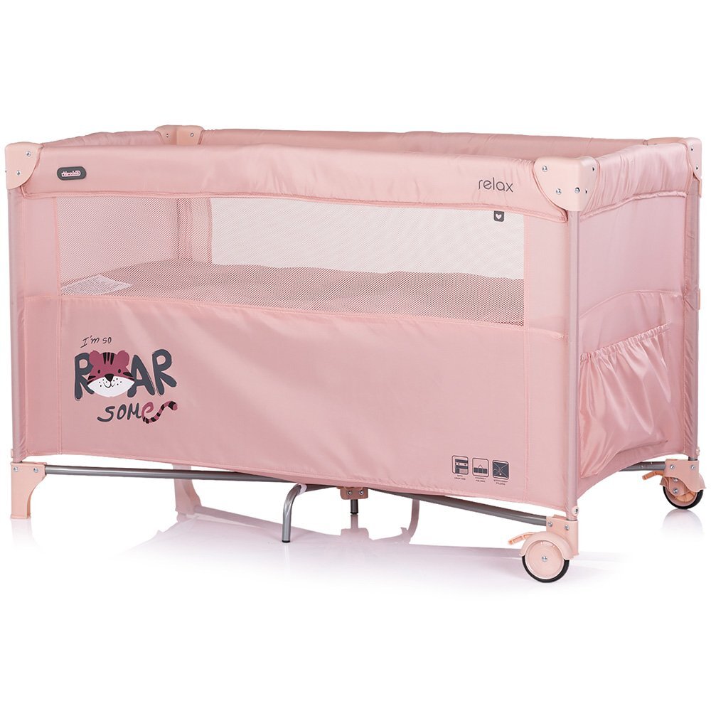 CHIPOLINO Patut pliabil Relax Tiger Powder Pink cu laterala culisanta 2 nivele intrare laterala geanta pentru transport greutate admisa 15 kg