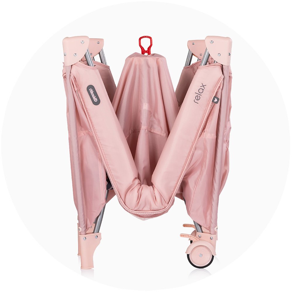 CHIPOLINO Patut pliabil Relax Tiger Powder Pink cu laterala culisanta 2 nivele intrare laterala geanta pentru transport greutate admisa 15 kg