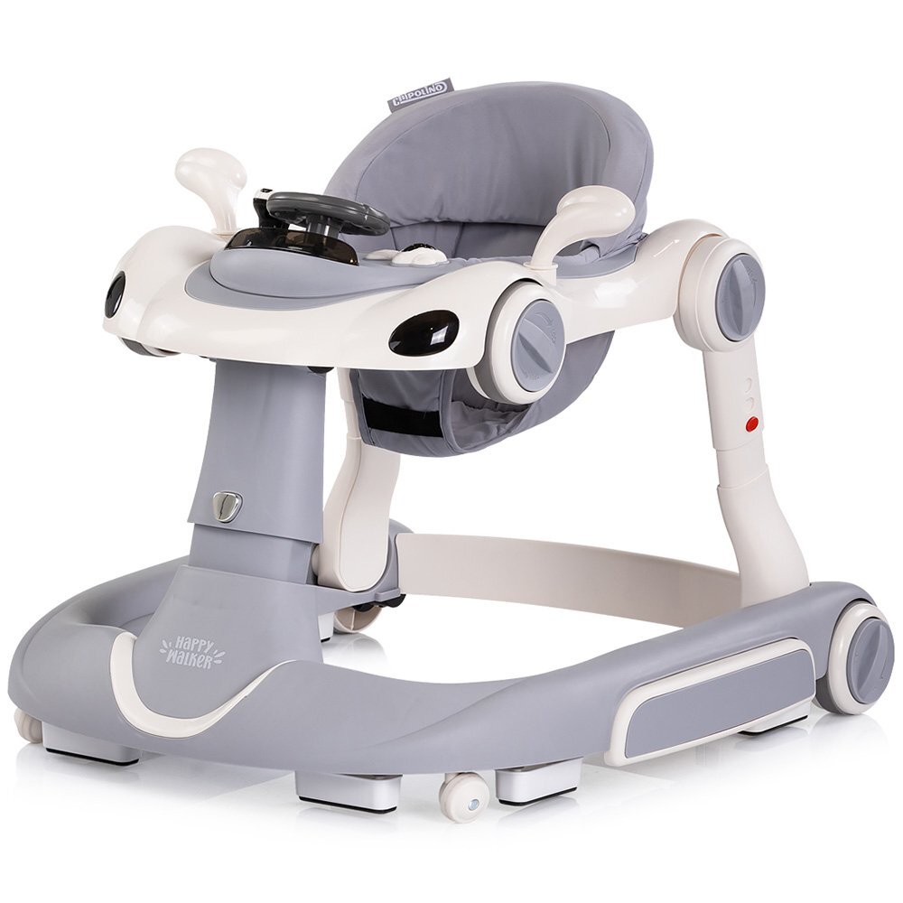 CHIPOLINO Premergator 5 in 1 pentru copii Happy Walker Grey cu sezut ajustabil pe inaltime maner parental detasabil panou muzical