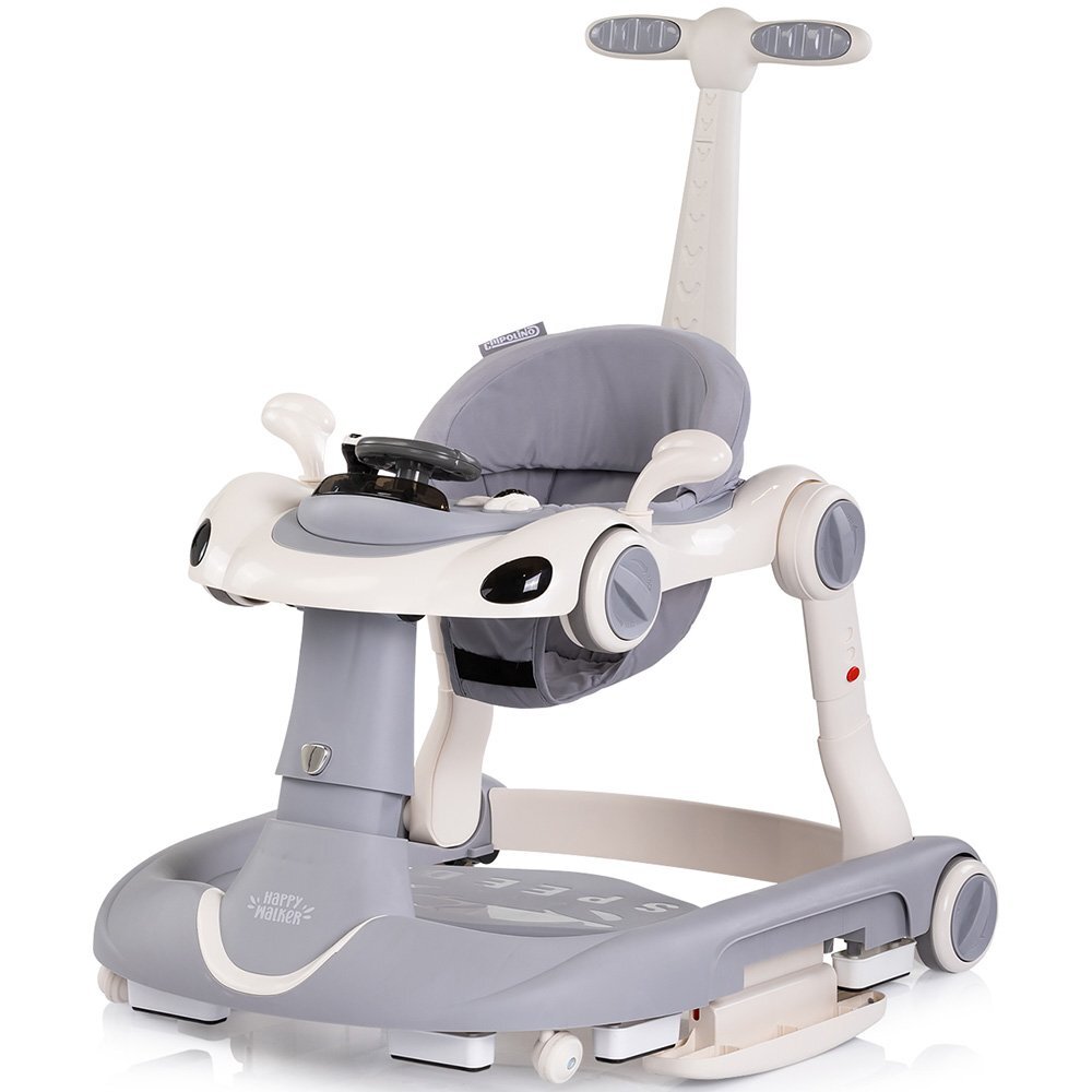 CHIPOLINO Premergator 5 in 1 pentru copii Happy Walker Grey cu sezut ajustabil pe inaltime maner parental detasabil panou muzical
