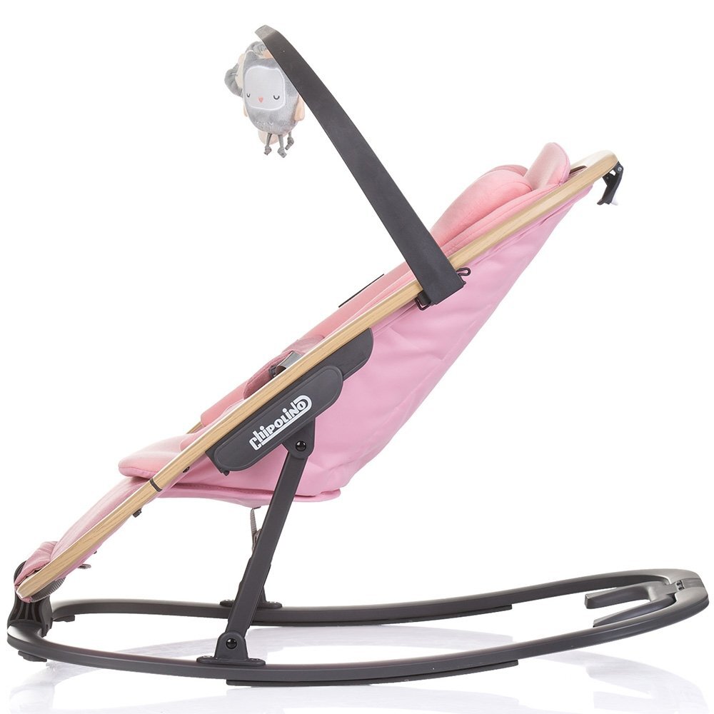 CHIPOLINO Scaunel balansoar Senso Pink Marshmallow Wood cu spatar reglabil bara de jucarii suport pentru cap centuri de siguranta pliere compacta