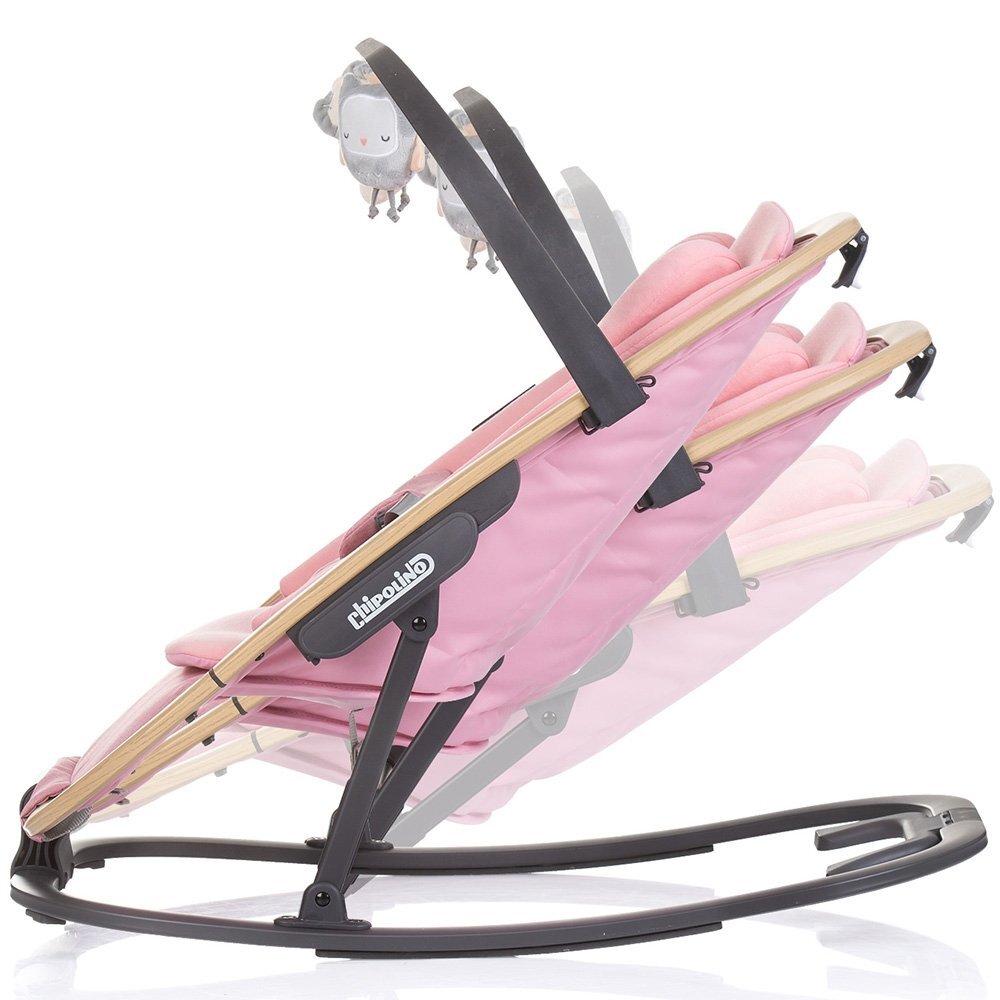 CHIPOLINO Scaunel balansoar Senso Pink Marshmallow Wood cu spatar reglabil bara de jucarii suport pentru cap centuri de siguranta pliere compacta
