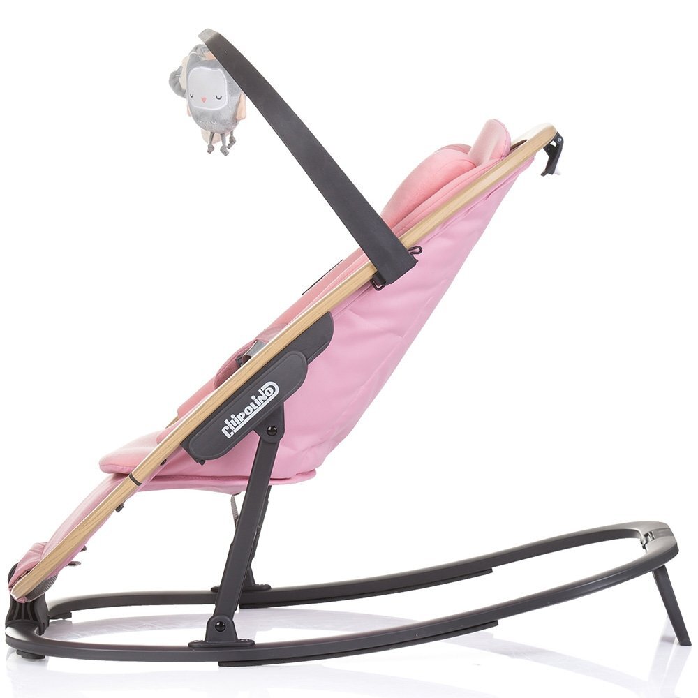 CHIPOLINO Scaunel balansoar Senso Pink Marshmallow Wood cu spatar reglabil bara de jucarii suport pentru cap centuri de siguranta pliere compacta