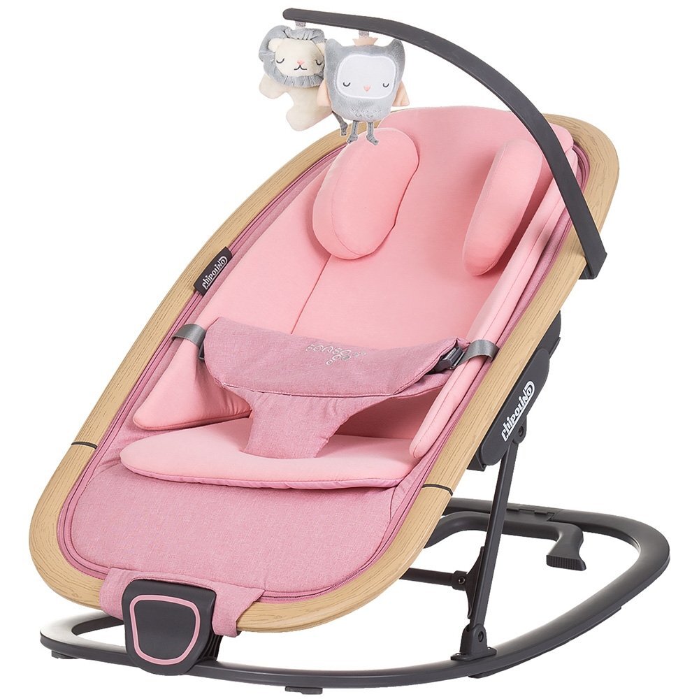 CHIPOLINO Scaunel balansoar Senso Pink Marshmallow Wood cu spatar reglabil bara de jucarii suport pentru cap centuri de siguranta pliere compacta