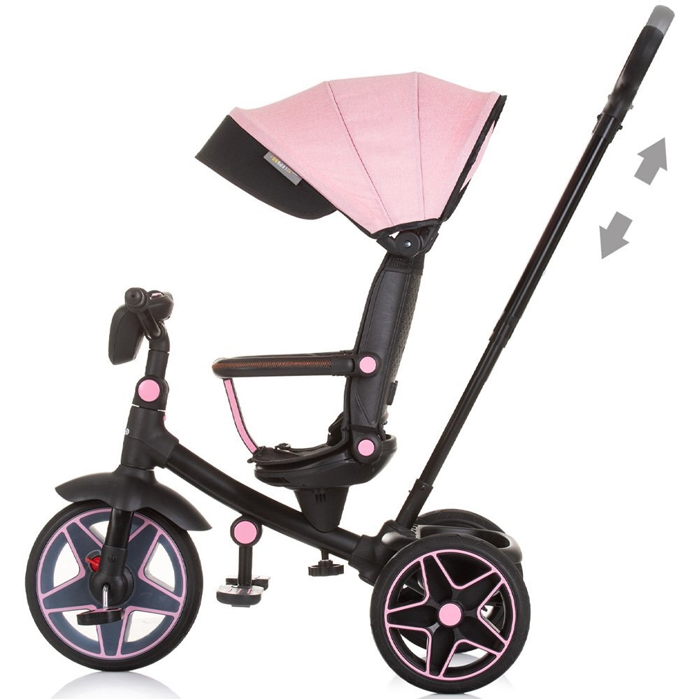 CHIPOLINO Tricicleta pentru copii Derby flamingo cu copertina si sezut reversibil spatar reglabil pozitie somnfrana suport pentru picioare maner cu control al directiei jucarie cu muzica si lumini