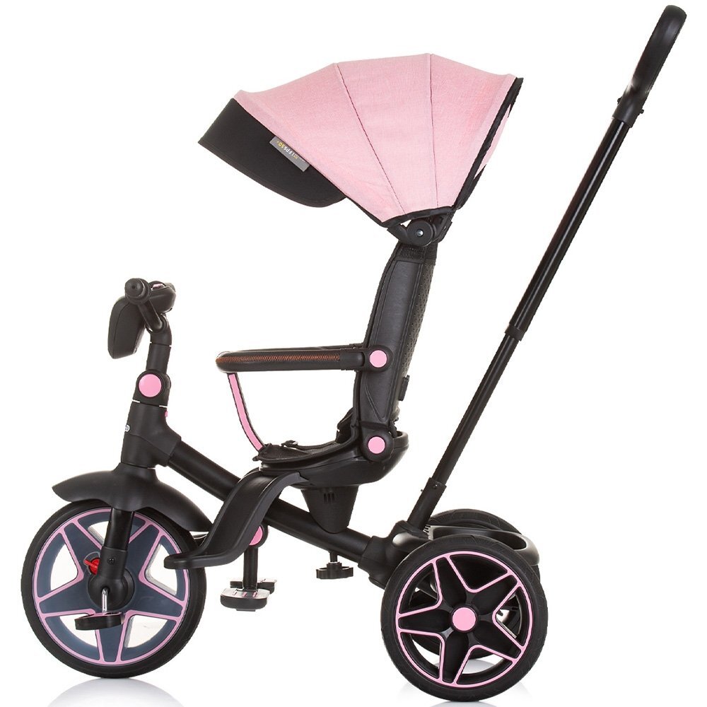 CHIPOLINO Tricicleta pentru copii Derby flamingo cu copertina si sezut reversibil spatar reglabil pozitie somnfrana suport pentru picioare maner cu control al directiei jucarie cu muzica si lumini
