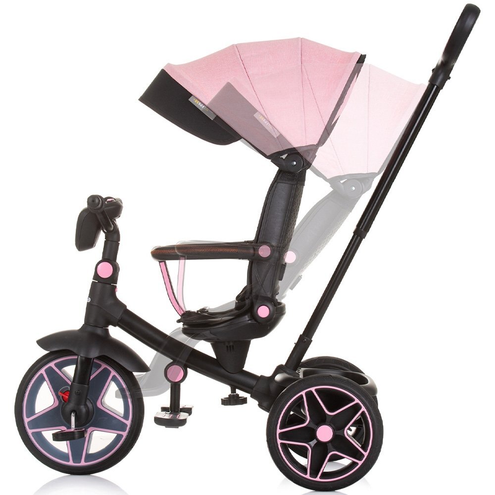 CHIPOLINO Tricicleta pentru copii Derby flamingo cu copertina si sezut reversibil spatar reglabil pozitie somnfrana suport pentru picioare maner cu control al directiei jucarie cu muzica si lumini