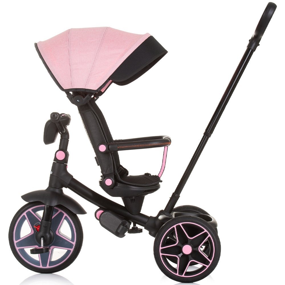 CHIPOLINO Tricicleta pentru copii Derby flamingo cu copertina si sezut reversibil spatar reglabil pozitie somnfrana suport pentru picioare maner cu control al directiei jucarie cu muzica si lumini