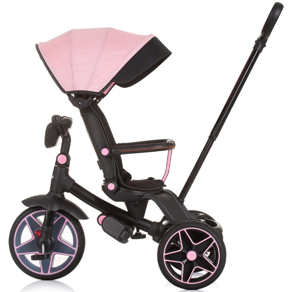 CHIPOLINO Tricicleta pentru copii Derby flamingo cu copertina si sezut reversibil spatar reglabil pozitie somnfrana suport pentru picioare maner cu control al directiei jucarie cu muzica si lumini