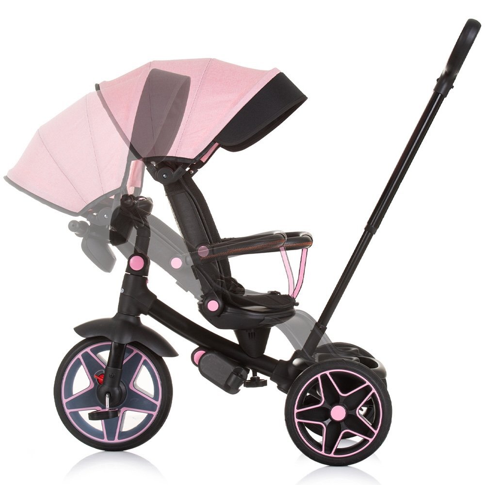 CHIPOLINO Tricicleta pentru copii Derby flamingo cu copertina si sezut reversibil spatar reglabil pozitie somnfrana suport pentru picioare maner cu control al directiei jucarie cu muzica si lumini
