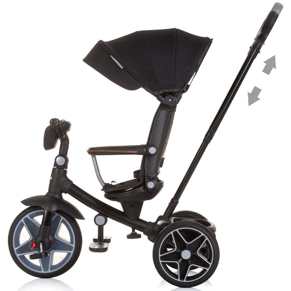 CHIPOLINO Tricicleta pentru copii Derby obsidian cu copertina si sezut reversibil spatar reglabil pozitie somnfrana suport pentru picioare maner cu control al directiei jucarie cu muzica si lumini
