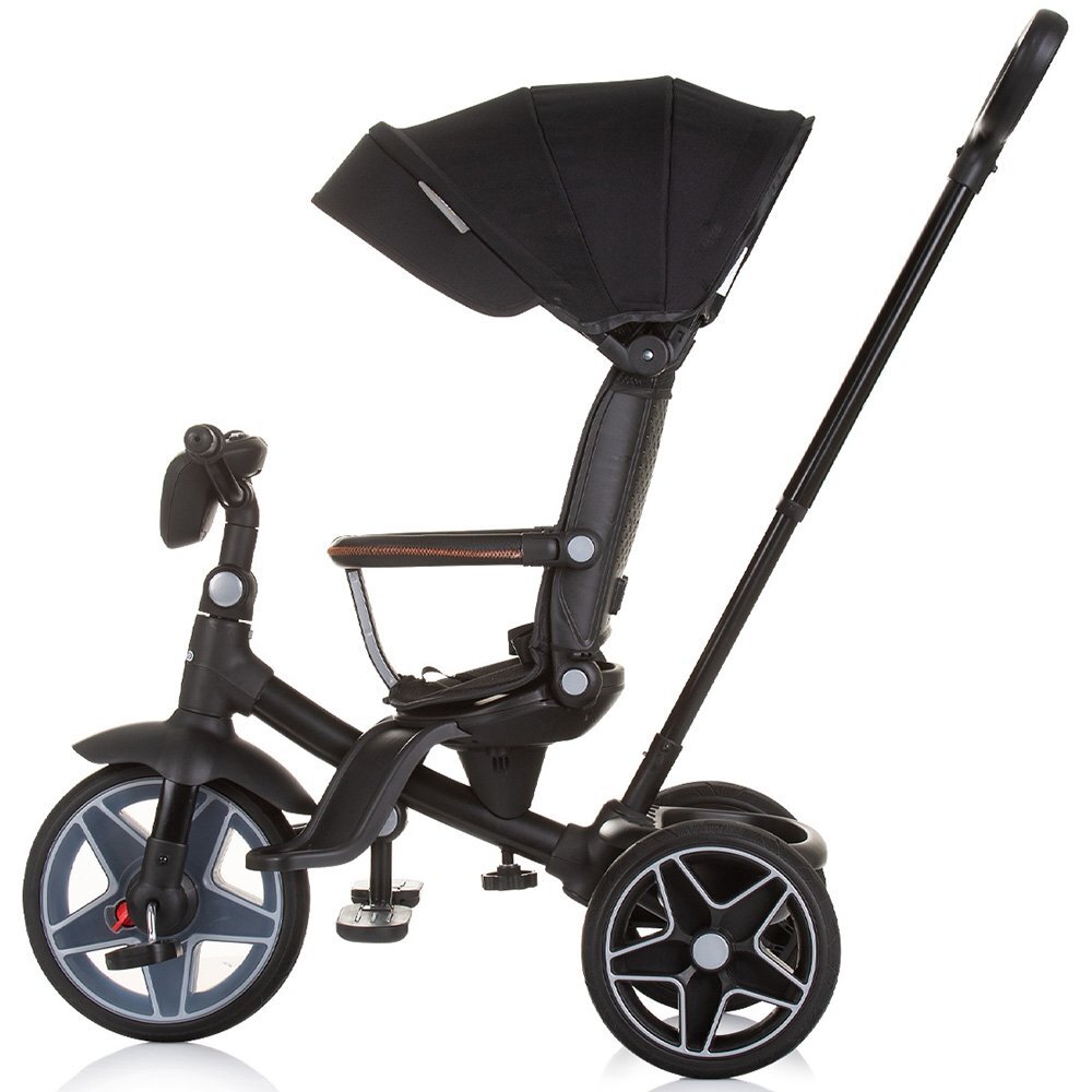 CHIPOLINO Tricicleta pentru copii Derby obsidian cu copertina si sezut reversibil spatar reglabil pozitie somnfrana suport pentru picioare maner cu control al directiei jucarie cu muzica si lumini