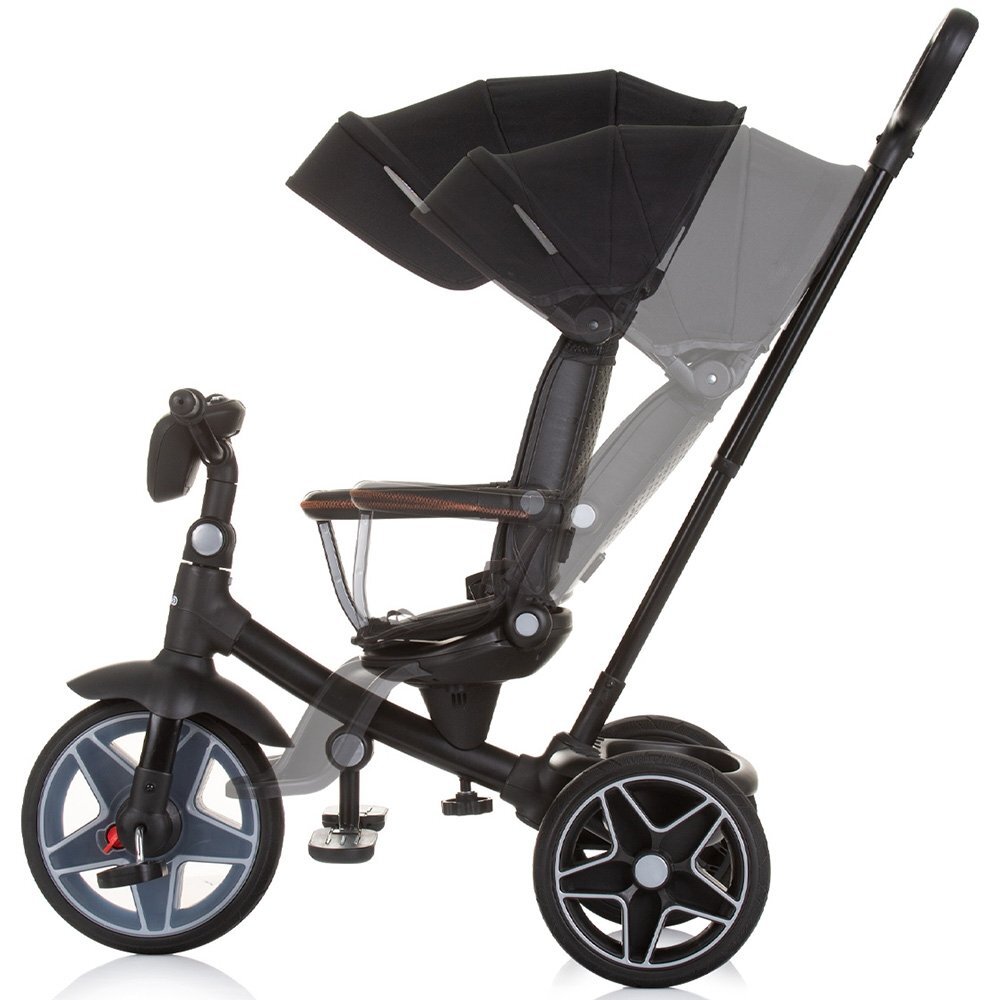 CHIPOLINO Tricicleta pentru copii Derby obsidian cu copertina si sezut reversibil spatar reglabil pozitie somnfrana suport pentru picioare maner cu control al directiei jucarie cu muzica si lumini
