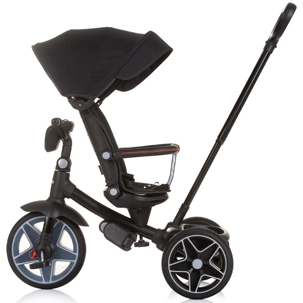 CHIPOLINO Tricicleta pentru copii Derby obsidian cu copertina si sezut reversibil spatar reglabil pozitie somnfrana suport pentru picioare maner cu control al directiei jucarie cu muzica si lumini