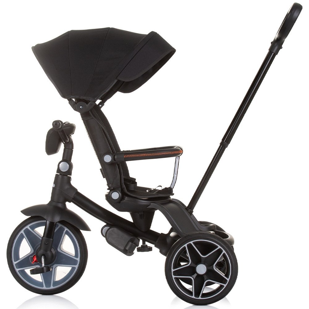 CHIPOLINO Tricicleta pentru copii Derby obsidian cu copertina si sezut reversibil spatar reglabil pozitie somnfrana suport pentru picioare maner cu control al directiei jucarie cu muzica si lumini