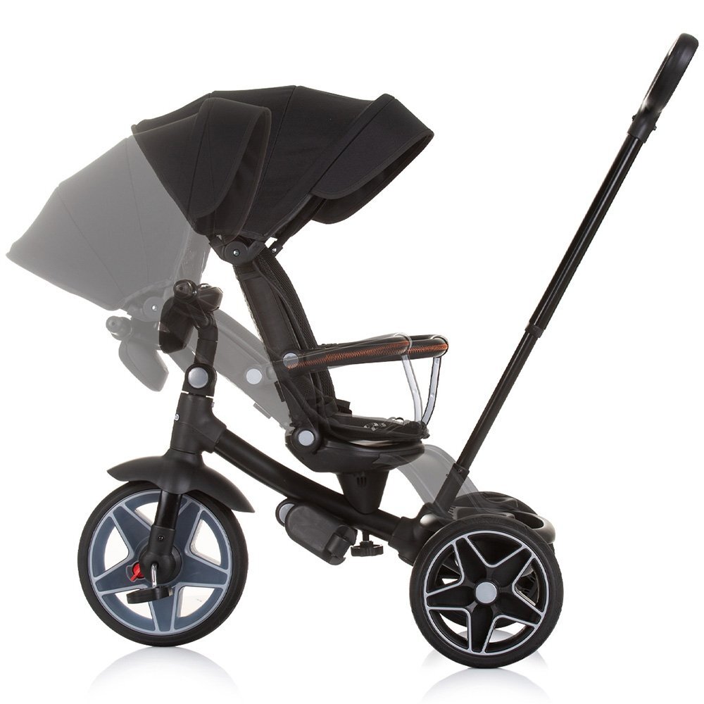 CHIPOLINO Tricicleta pentru copii Derby obsidian cu copertina si sezut reversibil spatar reglabil pozitie somnfrana suport pentru picioare maner cu control al directiei jucarie cu muzica si lumini
