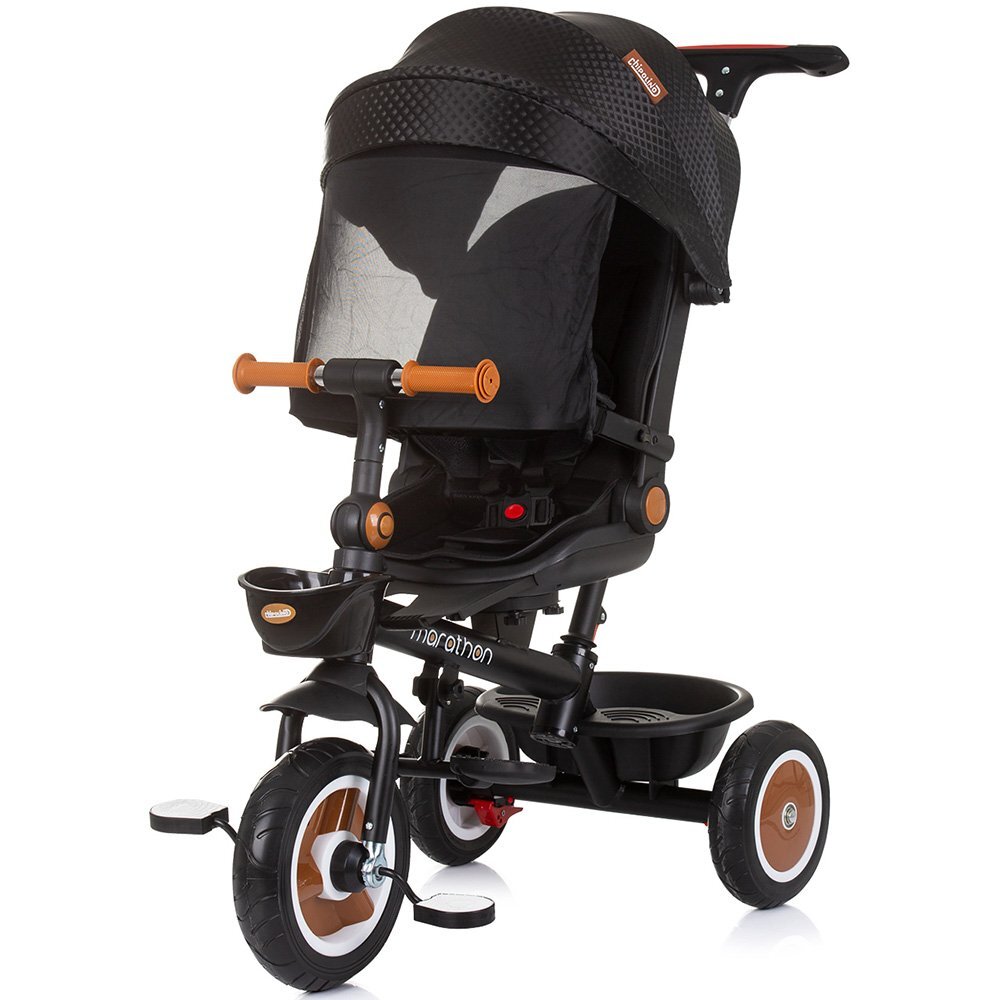 CHIPOLINO Tricicleta pentru copii Marathon Obsidian cu sezut rotativ suport picioare maner reglabil 2 cosulete greutate admisa 25 kg