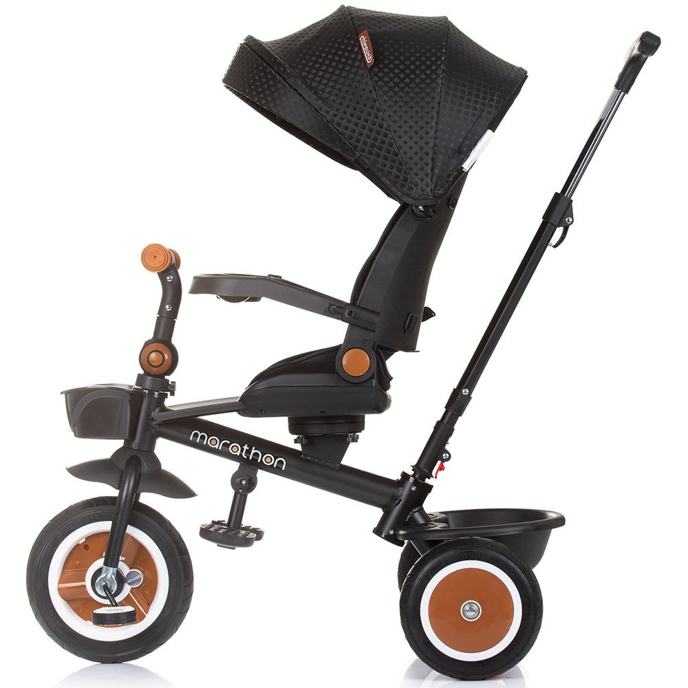 CHIPOLINO Tricicleta pentru copii Marathon Obsidian cu sezut rotativ suport picioare maner reglabil 2 cosulete greutate admisa 25 kg