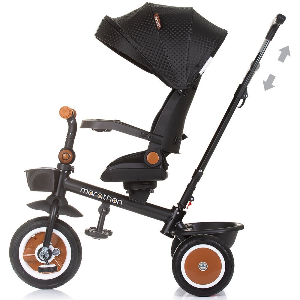 CHIPOLINO Tricicleta pentru copii Marathon Obsidian cu sezut rotativ suport picioare maner reglabil 2 cosulete greutate admisa 25 kg