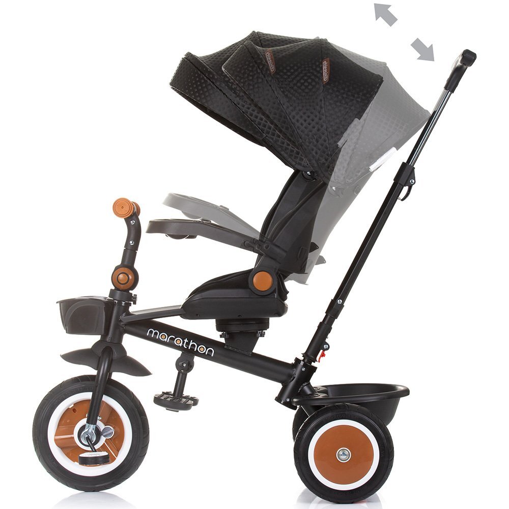 CHIPOLINO Tricicleta pentru copii Marathon Obsidian cu sezut rotativ suport picioare maner reglabil 2 cosulete greutate admisa 25 kg