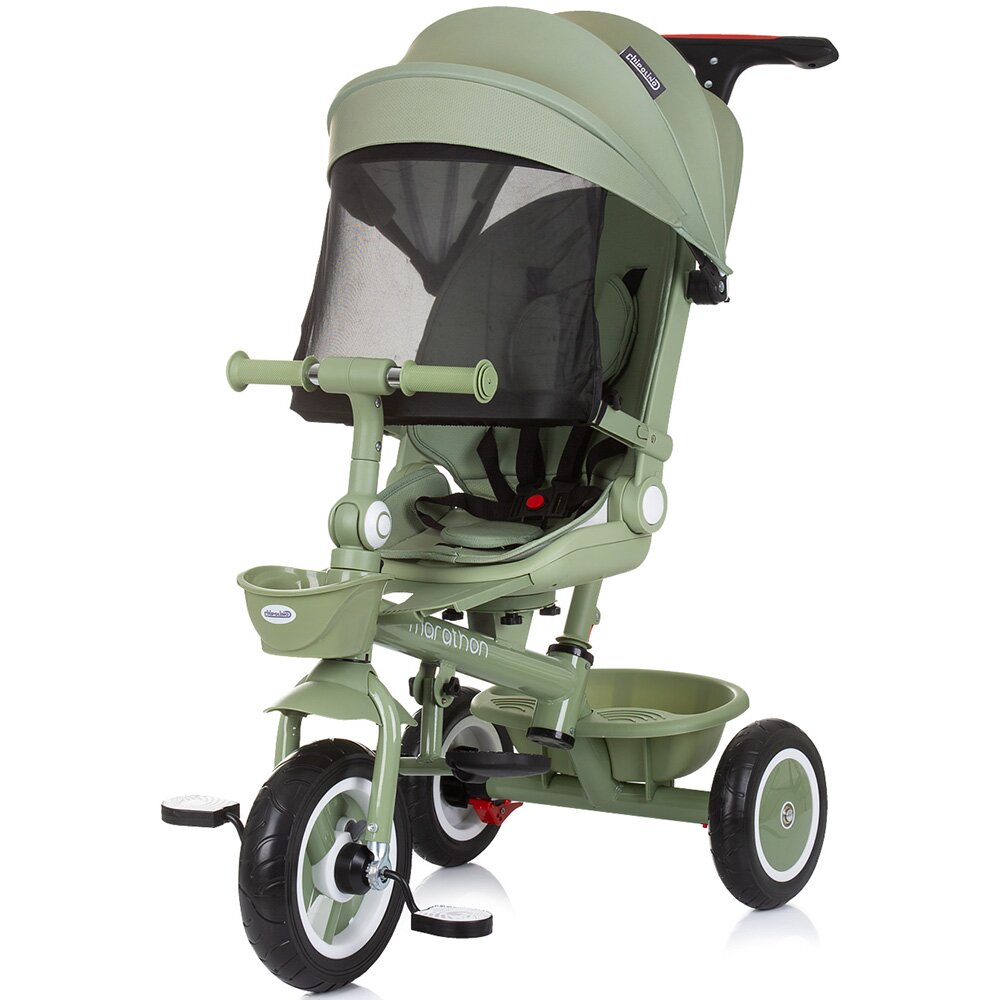CHIPOLINO Tricicleta pentru copii Marathon Pastel Green cu sezut rotativ suport picioare maner reglabil 2 cosulete greutate admisa 25 kg