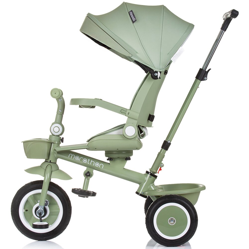 CHIPOLINO Tricicleta pentru copii Marathon Pastel Green cu sezut rotativ suport picioare maner reglabil 2 cosulete greutate admisa 25 kg
